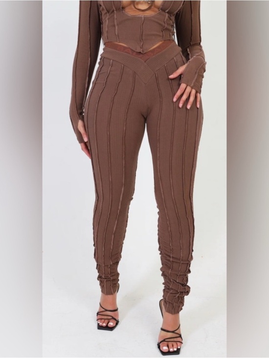 Bad Society Club Pants - Bad Society Club: ICY RIBBED STRETCH PANTS- MOCHA BROWN Size XS